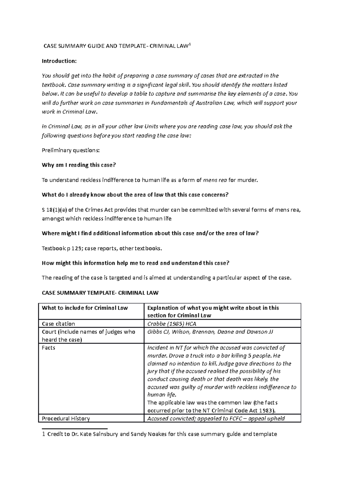 Case summary Crabbe case CASE SUMMARY GUIDE AND TEMPLATE CRIMINAL