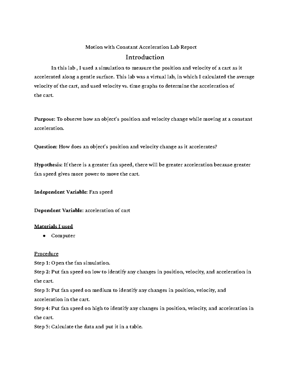 lab motion with constant acceleration assignment lab report brainly