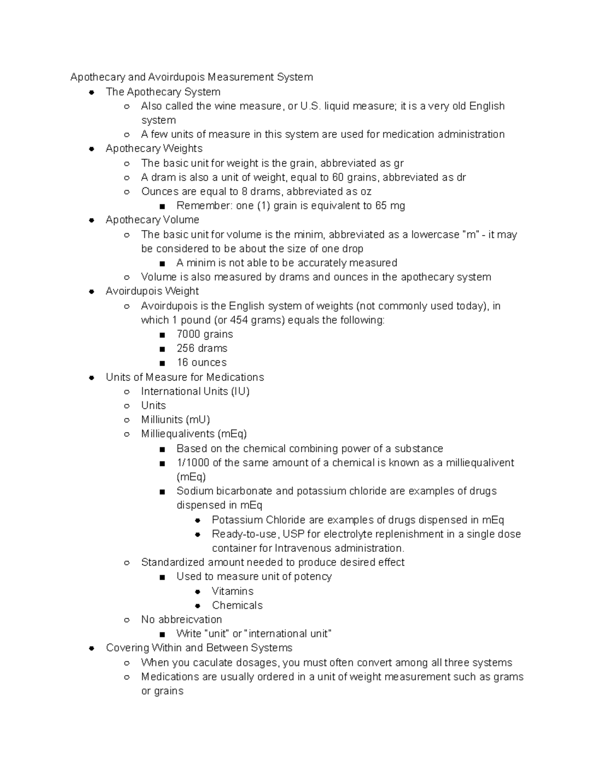 Instruction Notes Week 1 Apothecary and Avoirdupois Measurement
