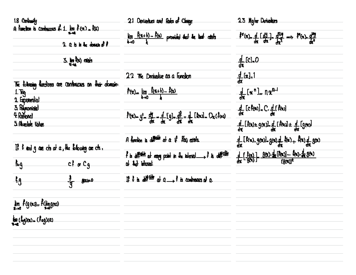 Summary of calculus- Stuart calculus book - 1 Continuity 2 Derivatives ...