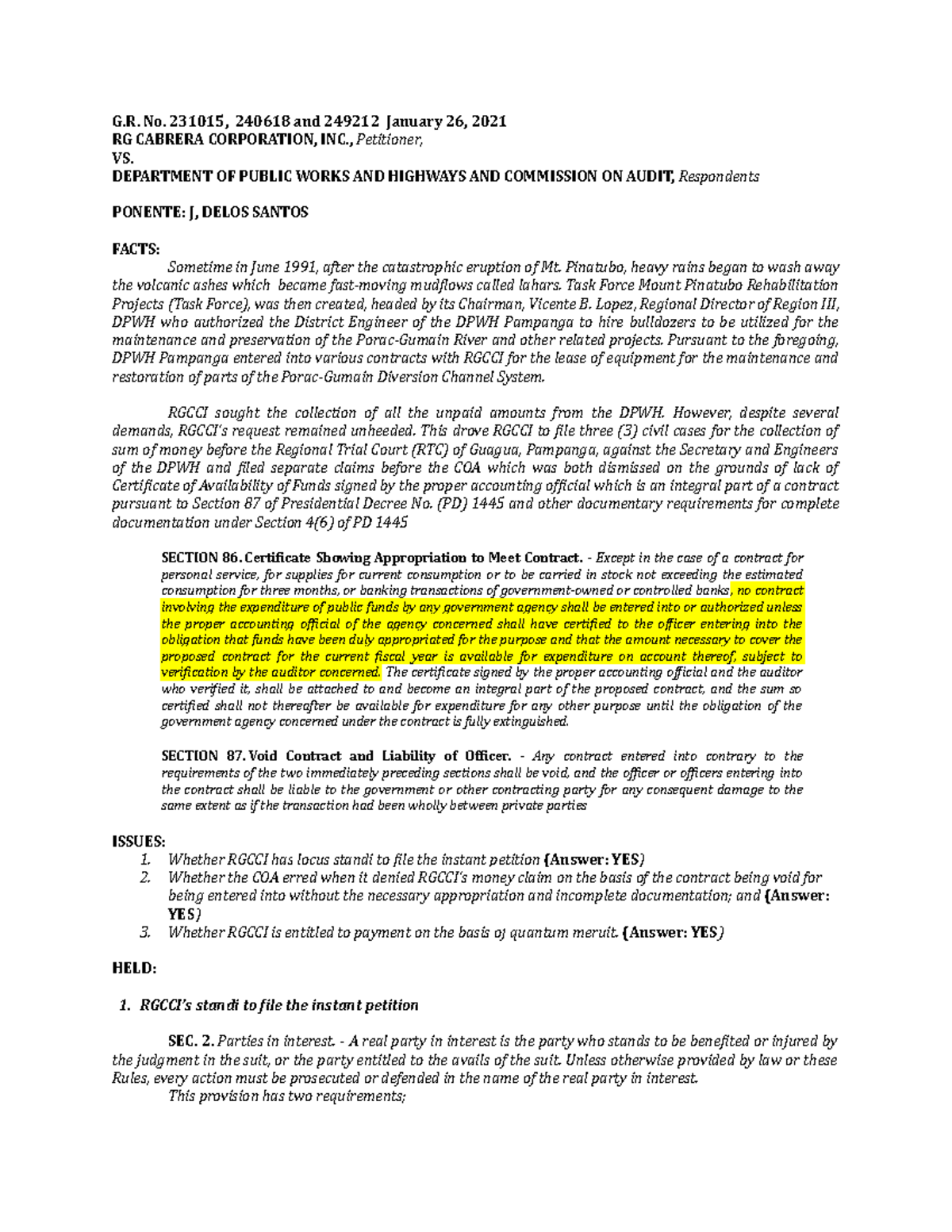 Rgcci Vs Coa And Dpwh - Case Digest Of Rg Cabrera Corporation, Inc. Vs 