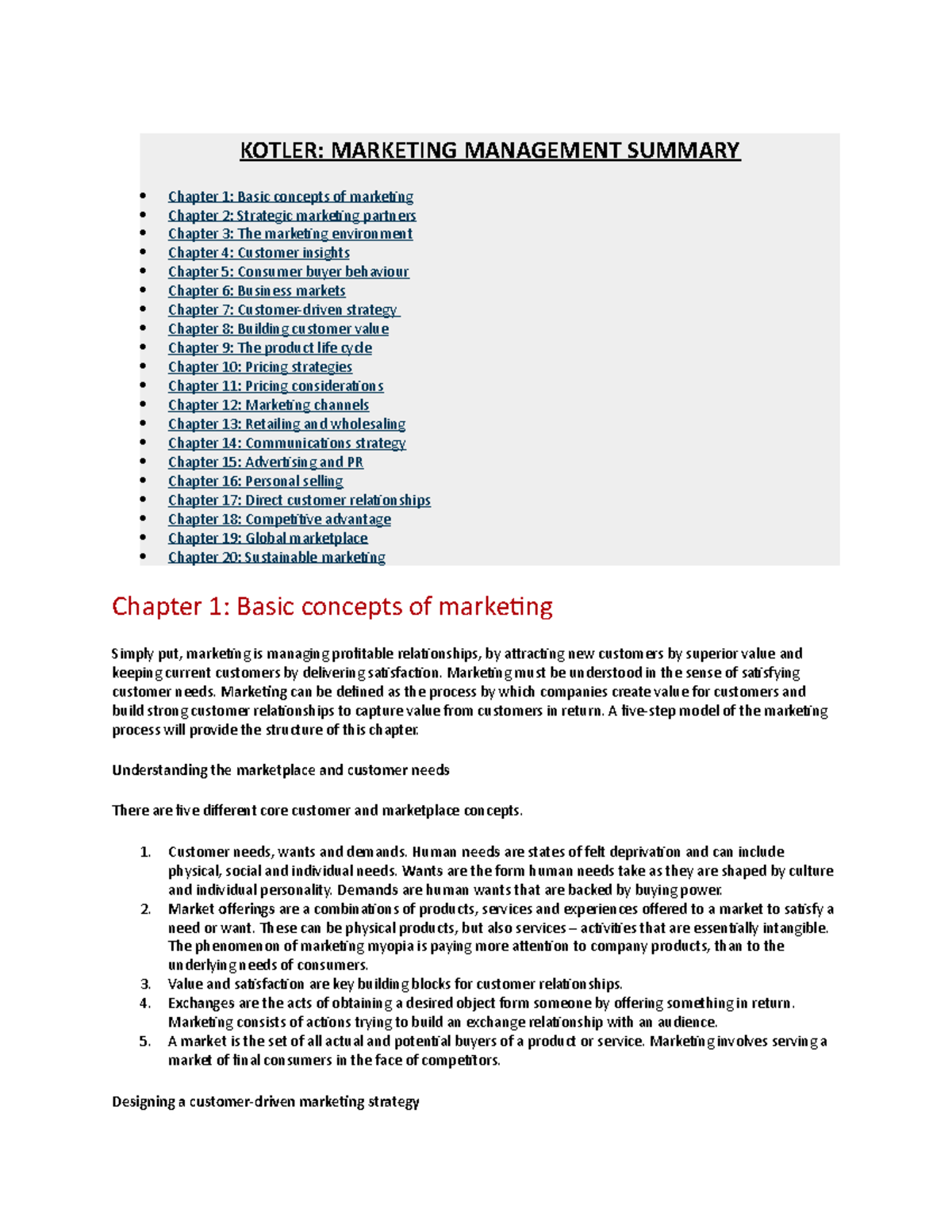 Marketing management - KOTLER: MARKETING MANAGEMENT SUMMARY Chapter 1 ...