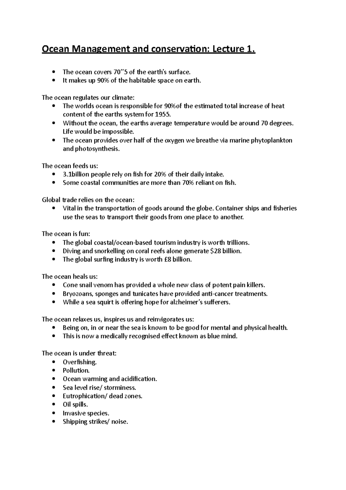 OMC L1 - Lecture notes 1 - Ocean Management and conservation: Lecture 1 ...