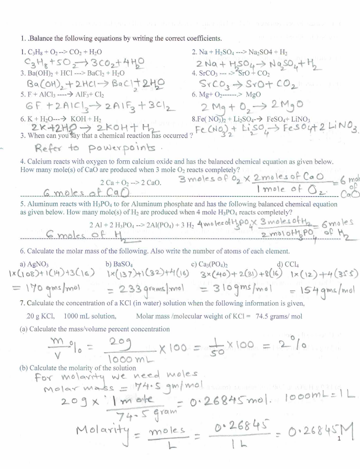 Review 3 - For Chem 120 Answer Key For Laboratory Assignments - Chem 