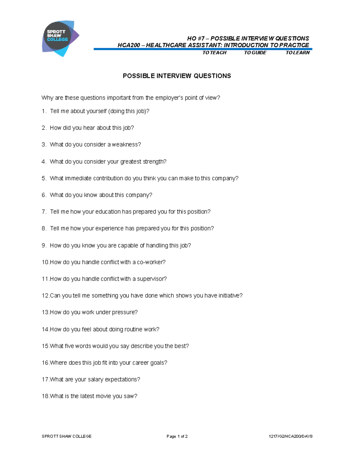 HCA200 - HO #7 - Possible Interview Questions - Day 8 - December 2017 ...