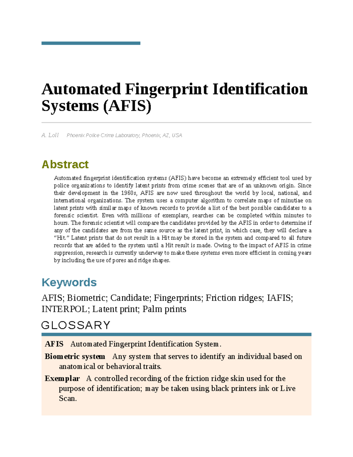Automated Fingerprint Identification Systems Automated Fingerprint