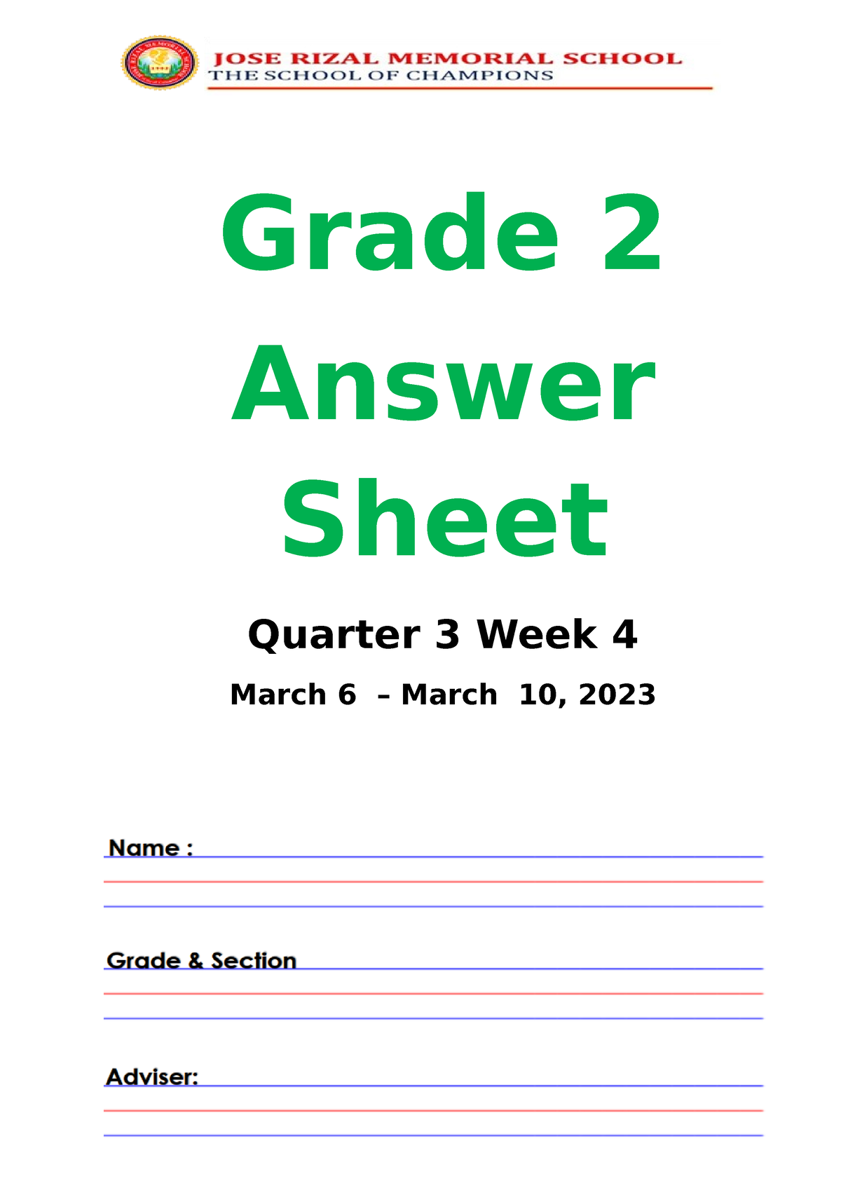 Q3 Week 4 Answer Sheet - Activity - Grade 2 Answer Sheet Quarter 3 Week ...