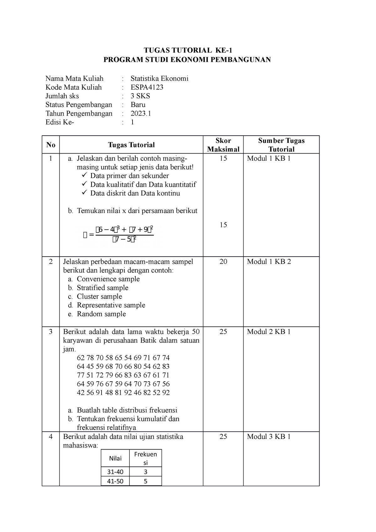 Tugas 1 Semester 2 - Statistika Ekonomi - TUGAS TUTORIAL KE- PROGRAM ...