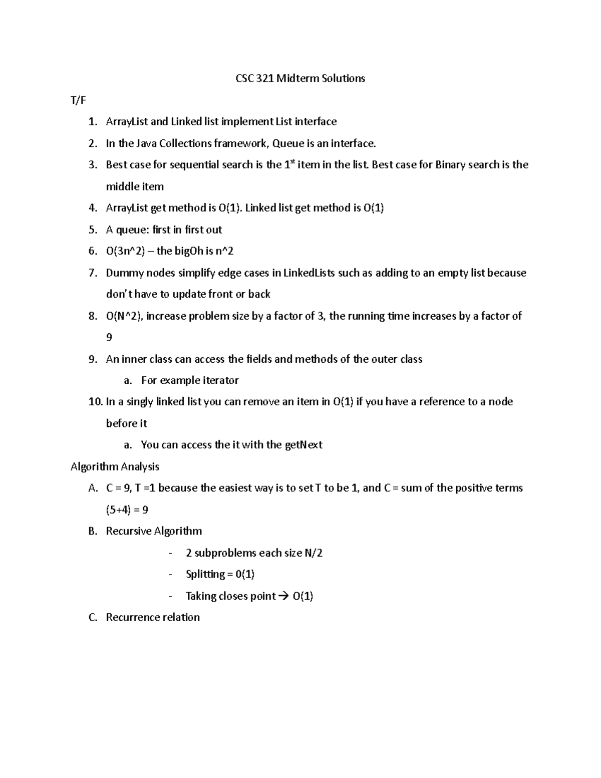 CSC 321 Midterm Review - CSC 321 Midterm Solutions T/F ArrayList and ...