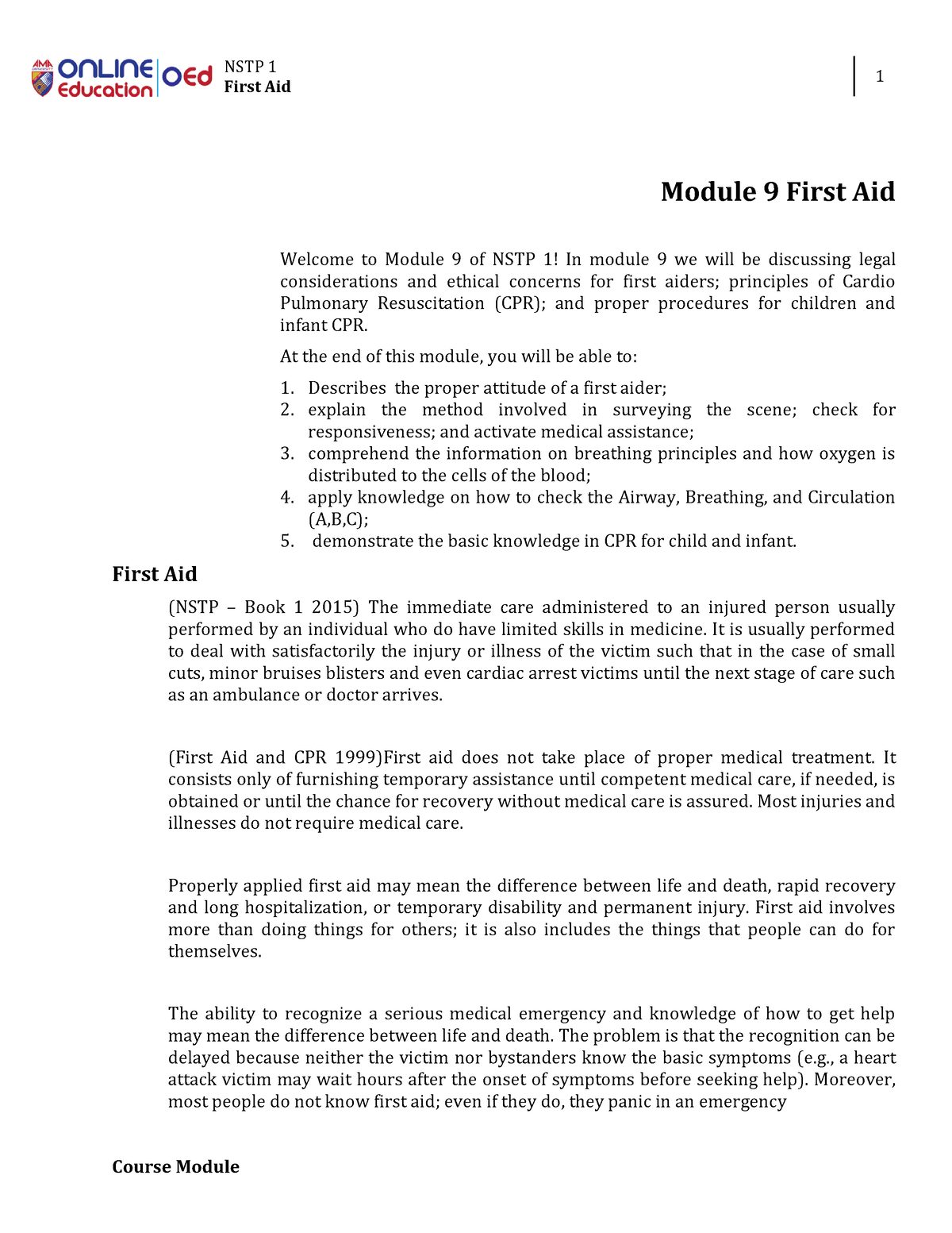 Lesson 9 - NSTP - NSTP 1 First Aid 1 Course Module Module 9 First Aid ...