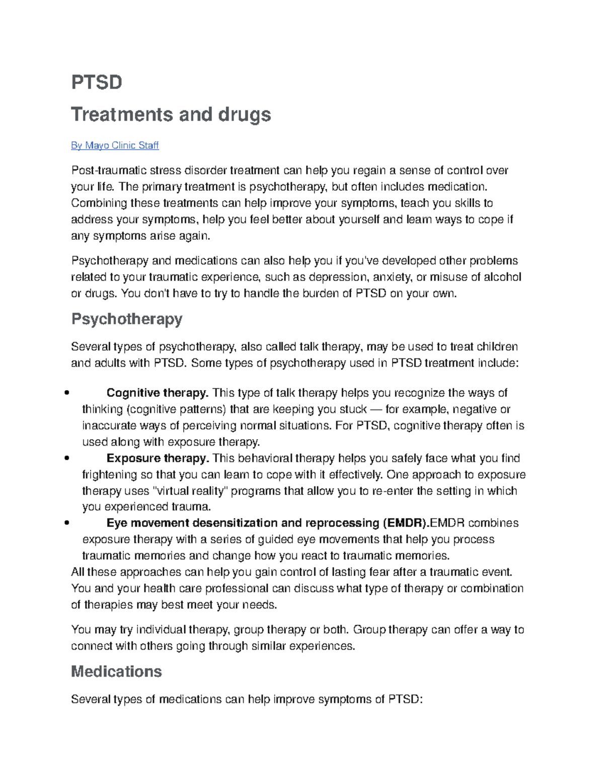 Ab psych treatments PTSD Treatments and drugs By Mayo Clinic Staff