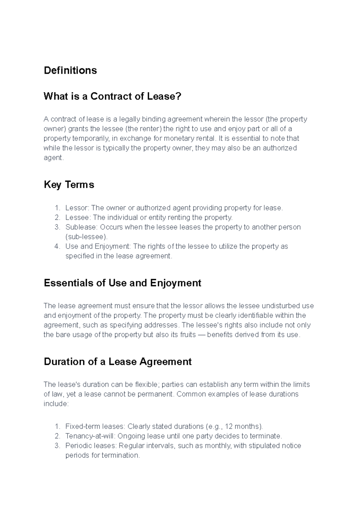 Law of lease - Definitions What is a Contract of Lease? A contract of ...