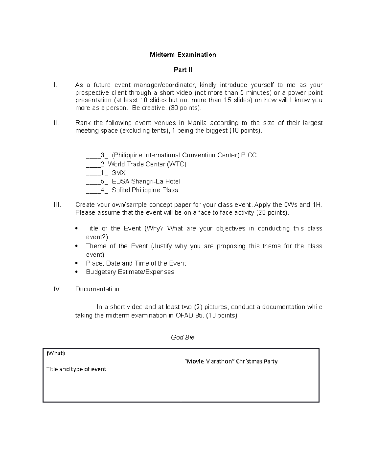 Midterm Exam - Midterm Examination Part II I. As a future event manager ...