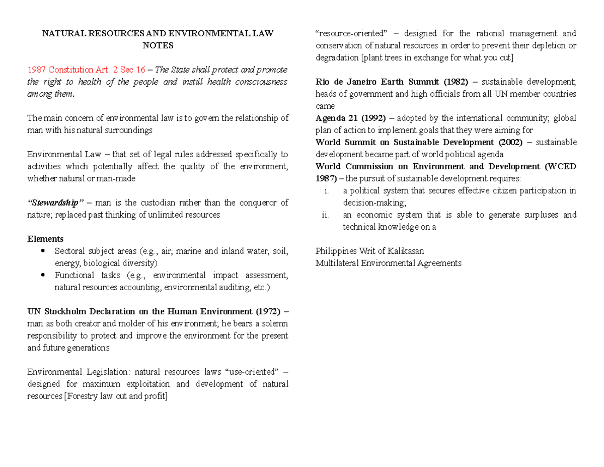 Envi Law Notes - Nots On Environmental Law - NATURAL RESOURCES AND ...