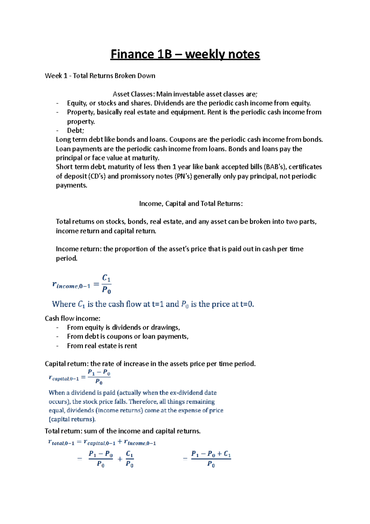 Finance 1B Notes - Finance 1B – weekly notes Week 1 - Total Returns ...