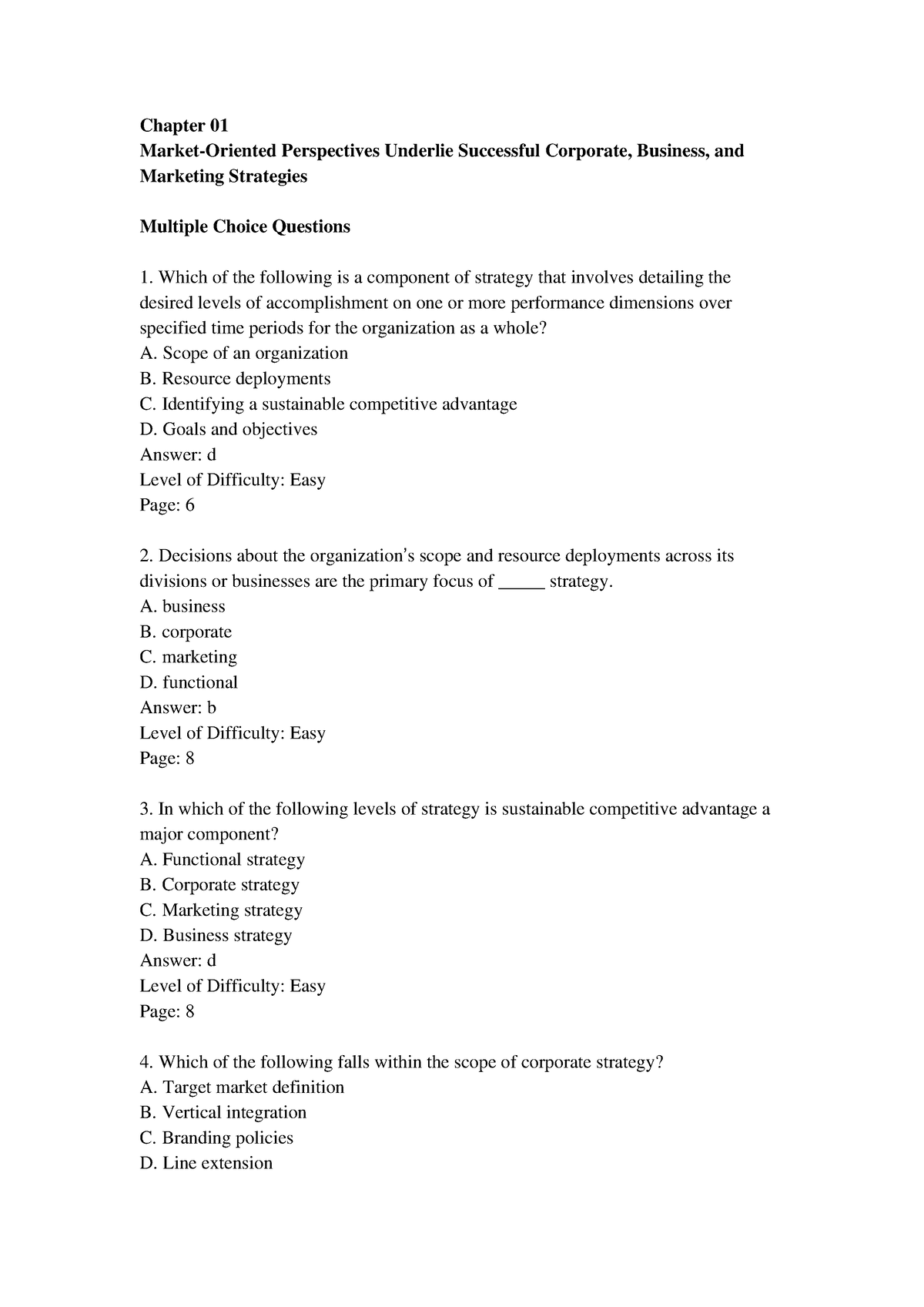 Test Bank - Chapter 01 Market-Oriented Perspectives Underlie Successful ...