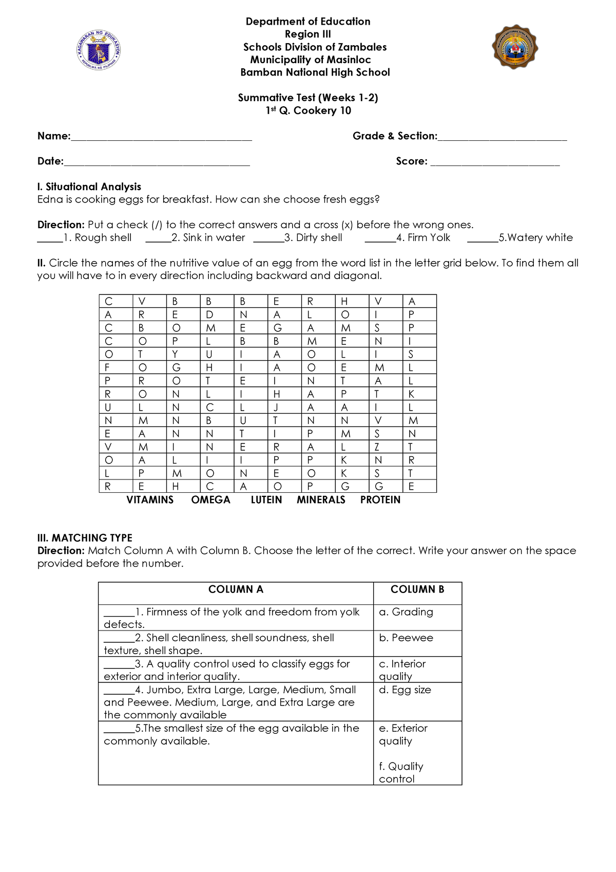 Cookery 10 Q1 Week 1-8 Summative Test-merged - Region III Schools ...