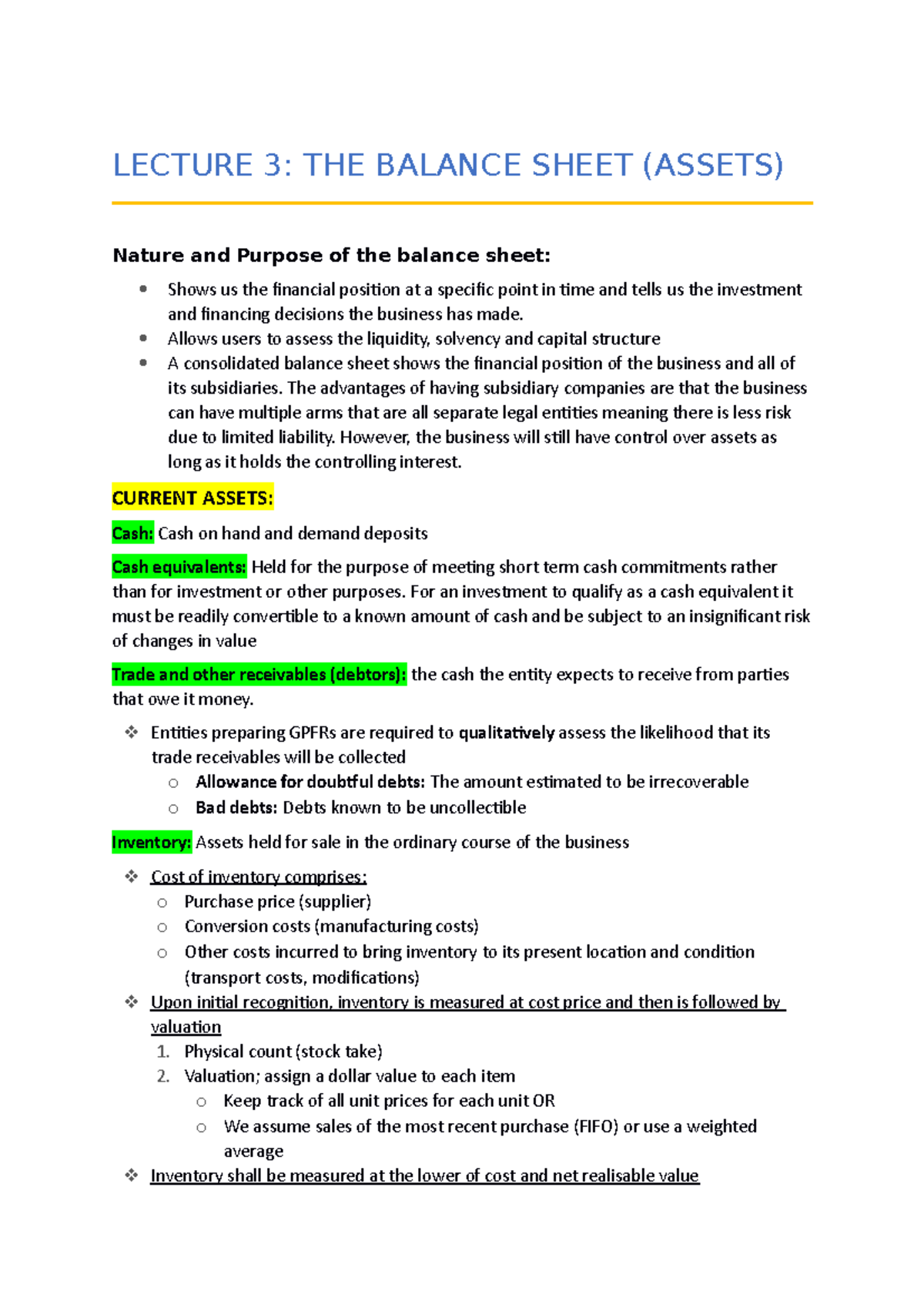 Lecture Notes Week 3 - LECTURE 3: THE BALANCE SHEET (ASSETS) Nature and ...