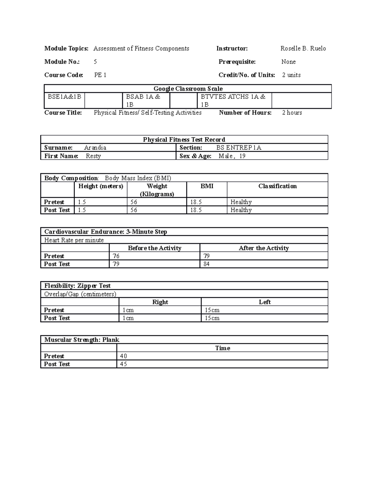 Physical education - Module Topics: Assessment of Fitness Components ...