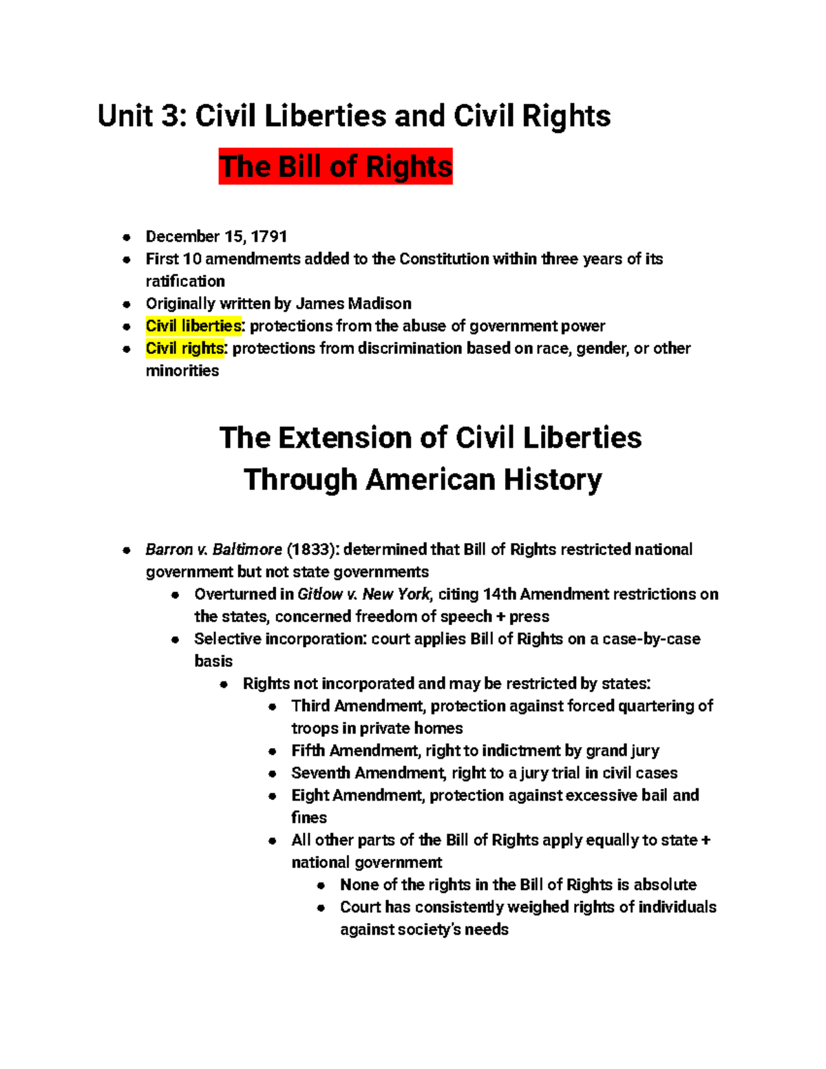 Gov 3 - Cheat Sheet Per Unit - Unit 3: Civil Liberties and Civil Rights ...