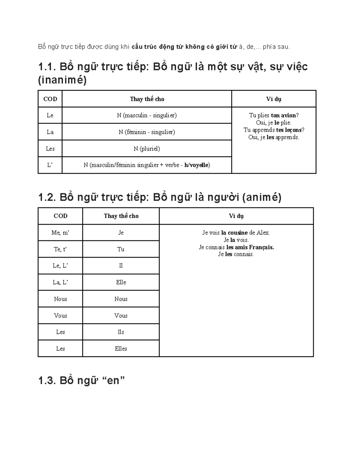 Coi va cod - tiếng pháp - Bổ ngữ trực tiếp được dùng khi cấu trúc động ...