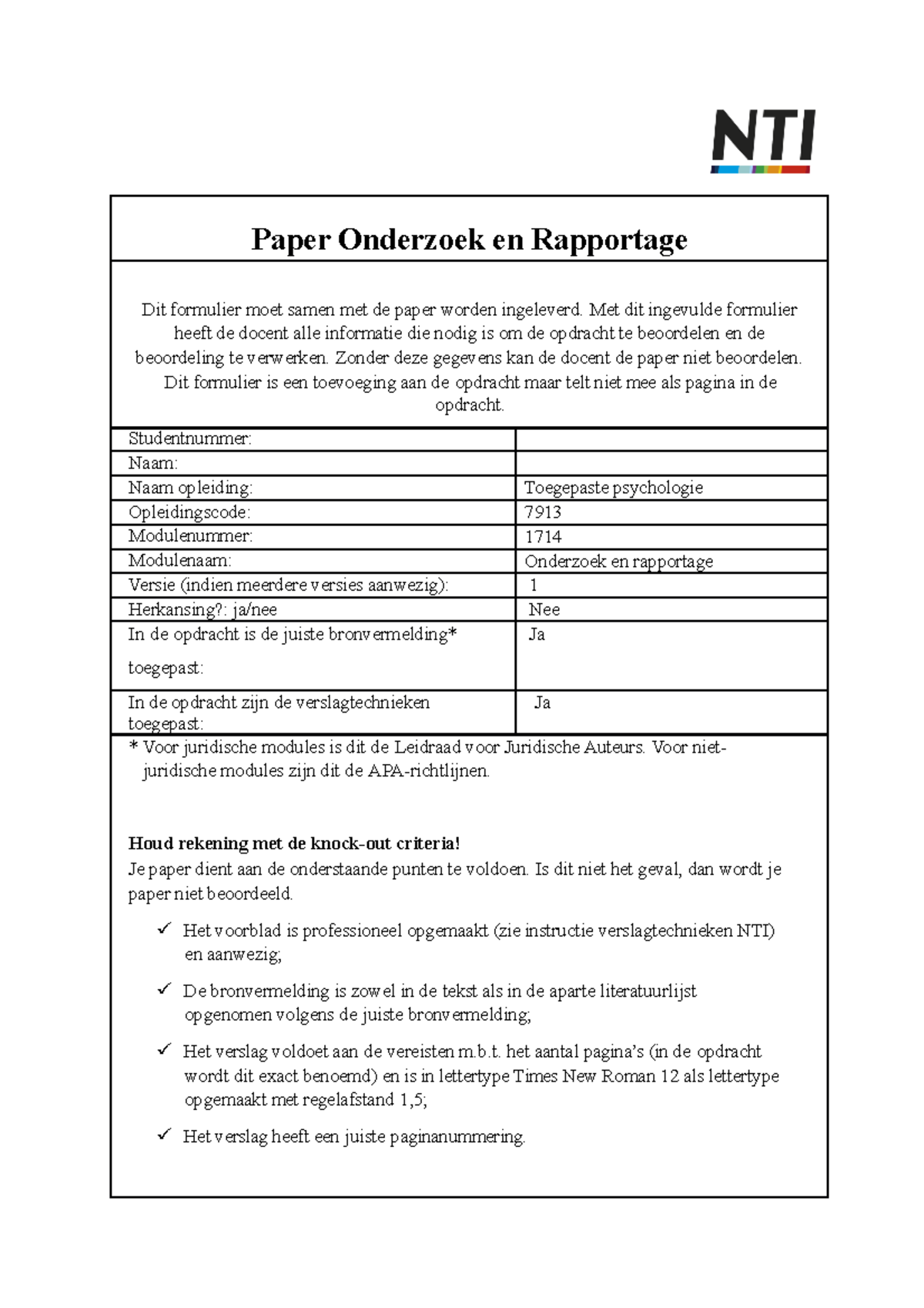 Paper Onderzoek En Rapportage SS Paper Onderzoek En Rapportage Dit Formulier Moet Samen Met De