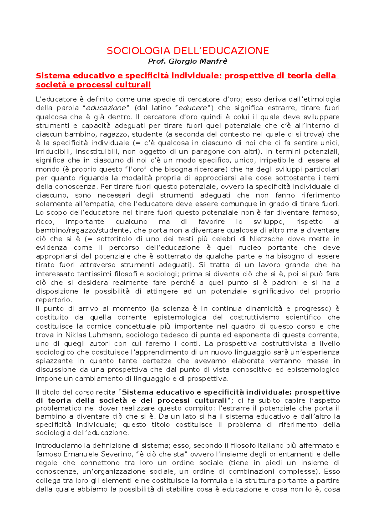 Argomento 1 - APPUNTI SOCIOLOGIA DELL'EDUCAZIONE - SOCIOLOGIA DELL ...