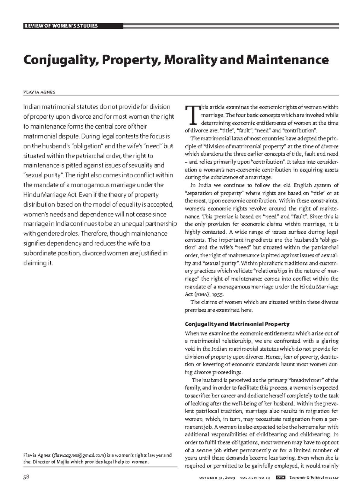4.2 Flavia Agnes, ‘Conjugality, Property, Morality and Maintenance' EPW