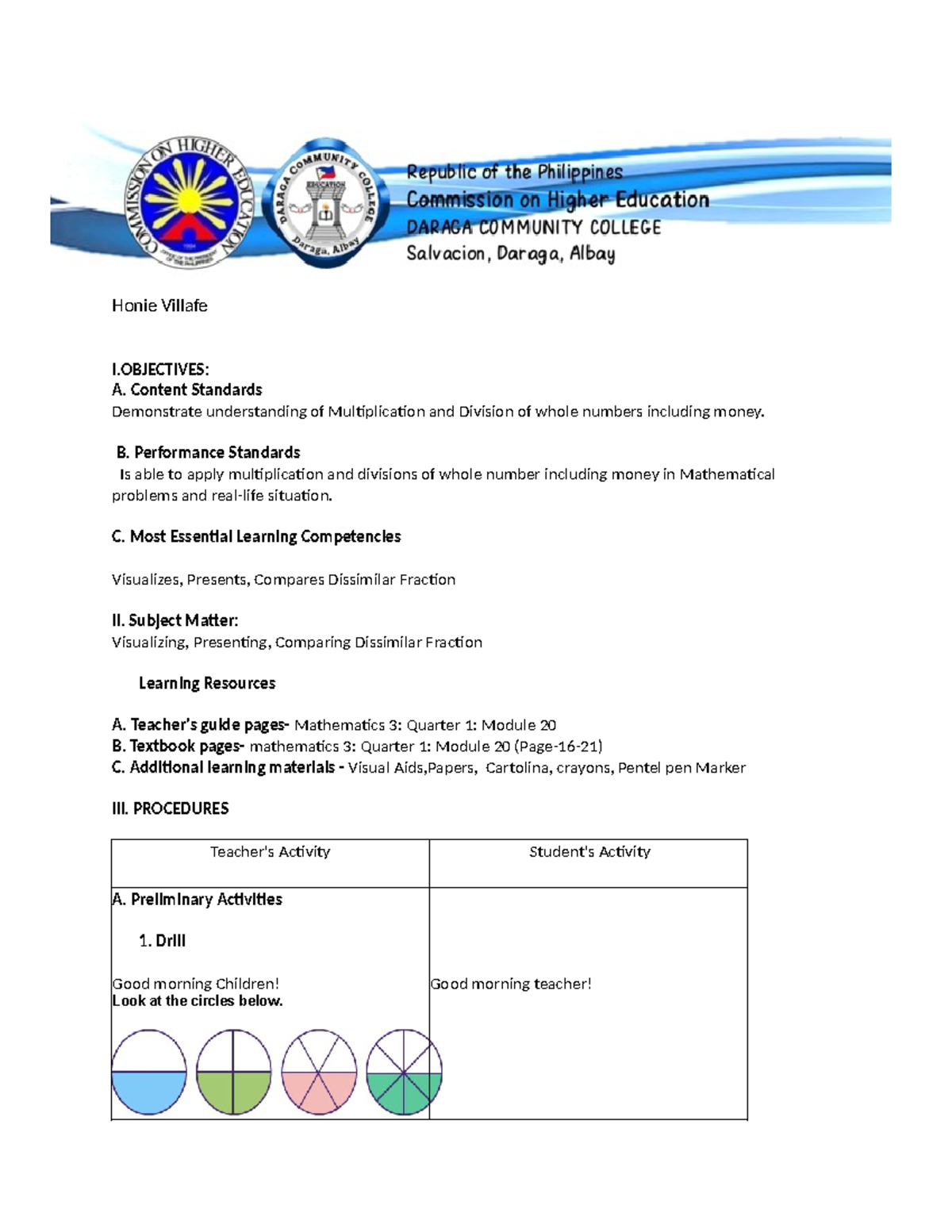FinalDEMOMATH️ Lesson plan Honie Villafe I A. Content Standards