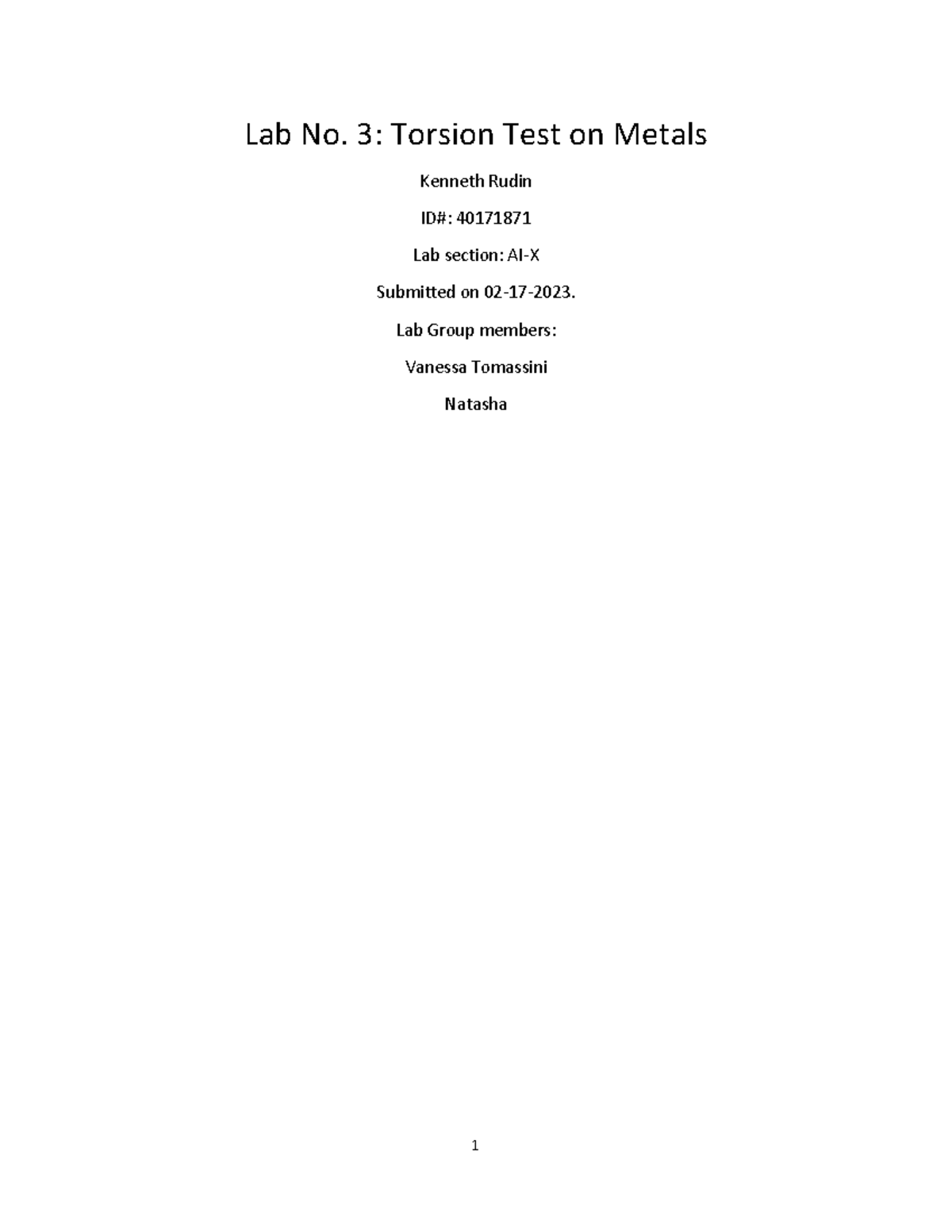 LAB 3 Torsion Lab No. 3 Torsion Test on Metals Rudin ID
