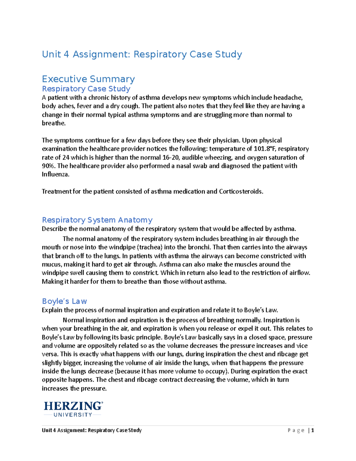 Unit 4 Assignment - Unit 4 Assignment: Respiratory Case Study Executive ...