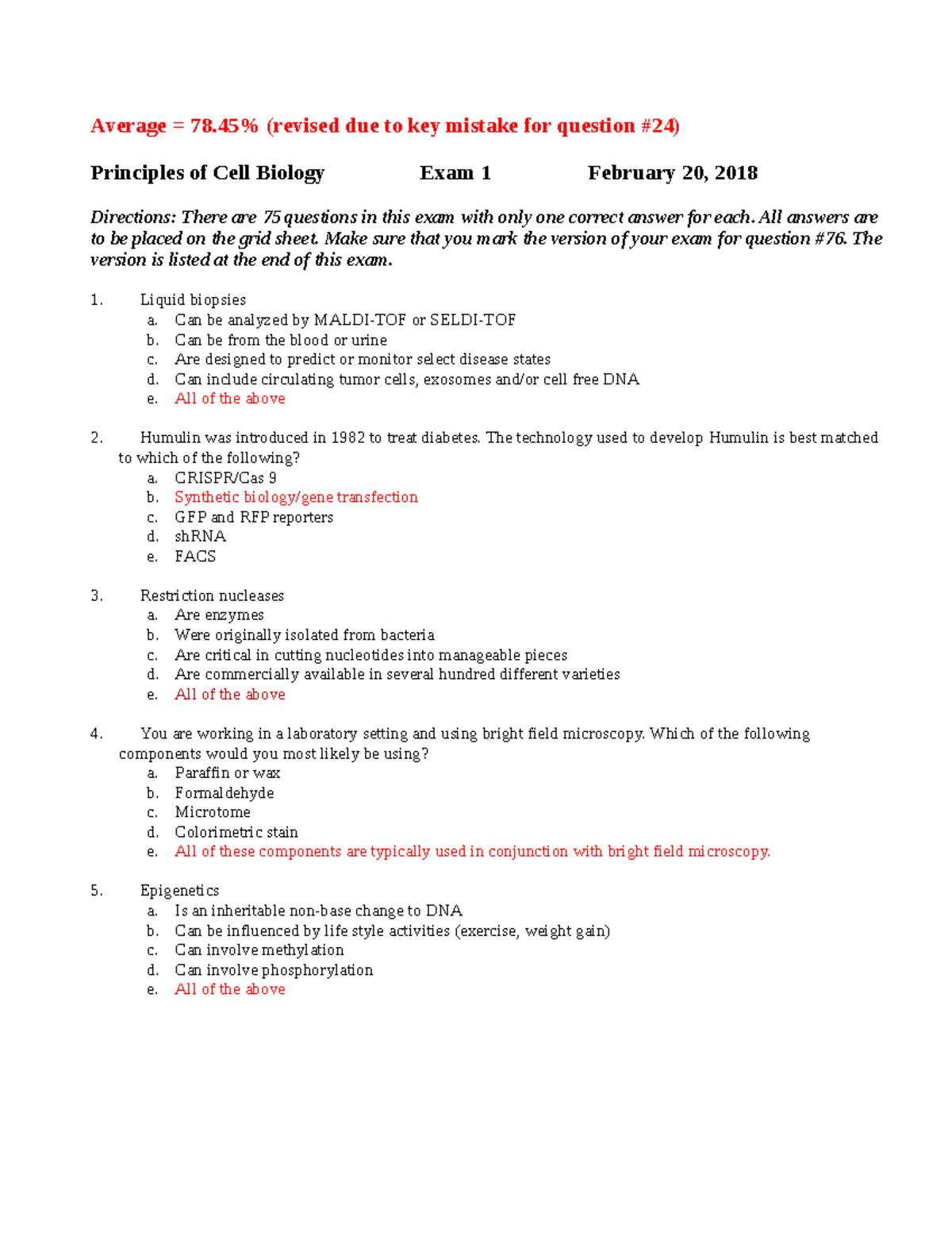 biol 311 exam 1 key and average 2018 - Average = 78% (revised due to ...