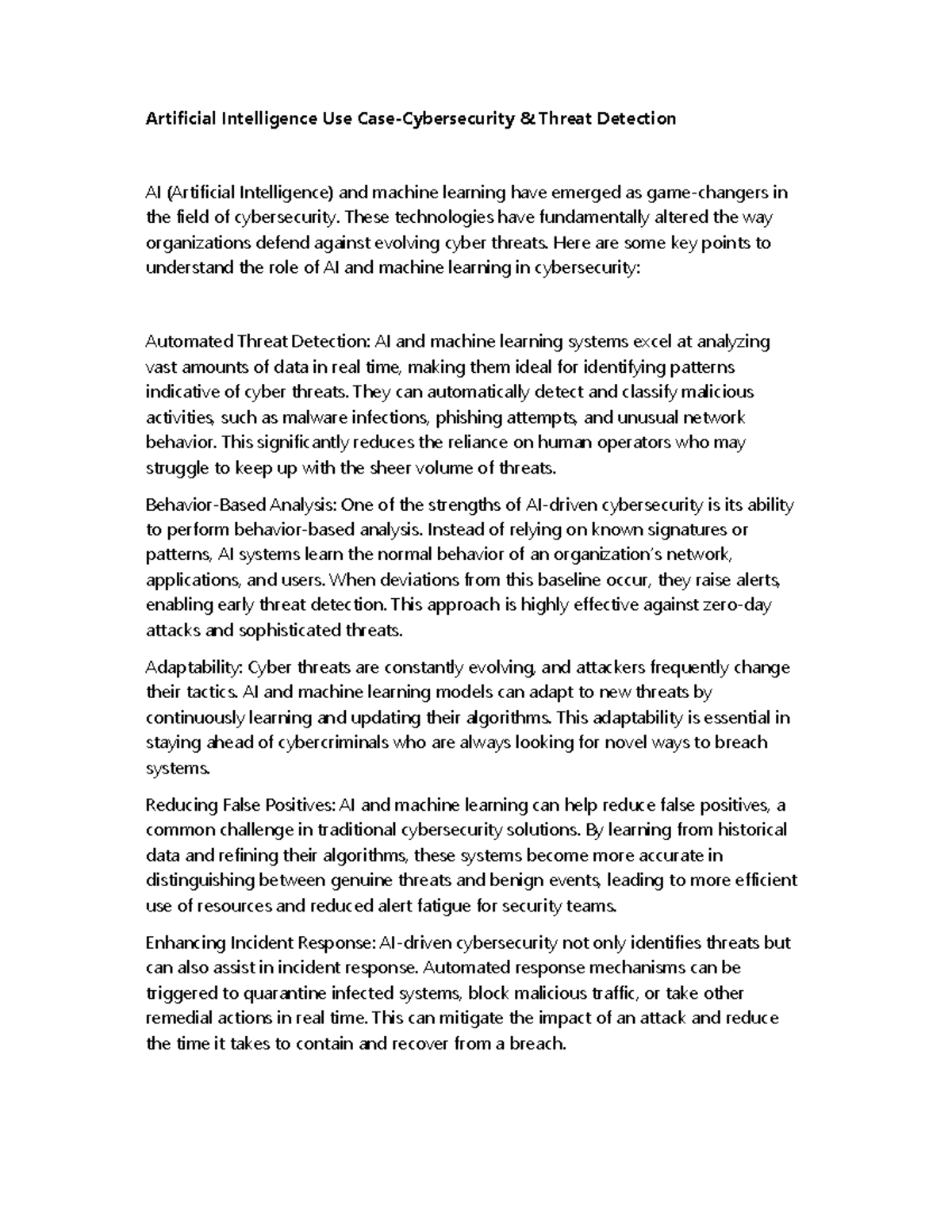 Artificial Intelligence Use Case Cybersecurity Threat Detection