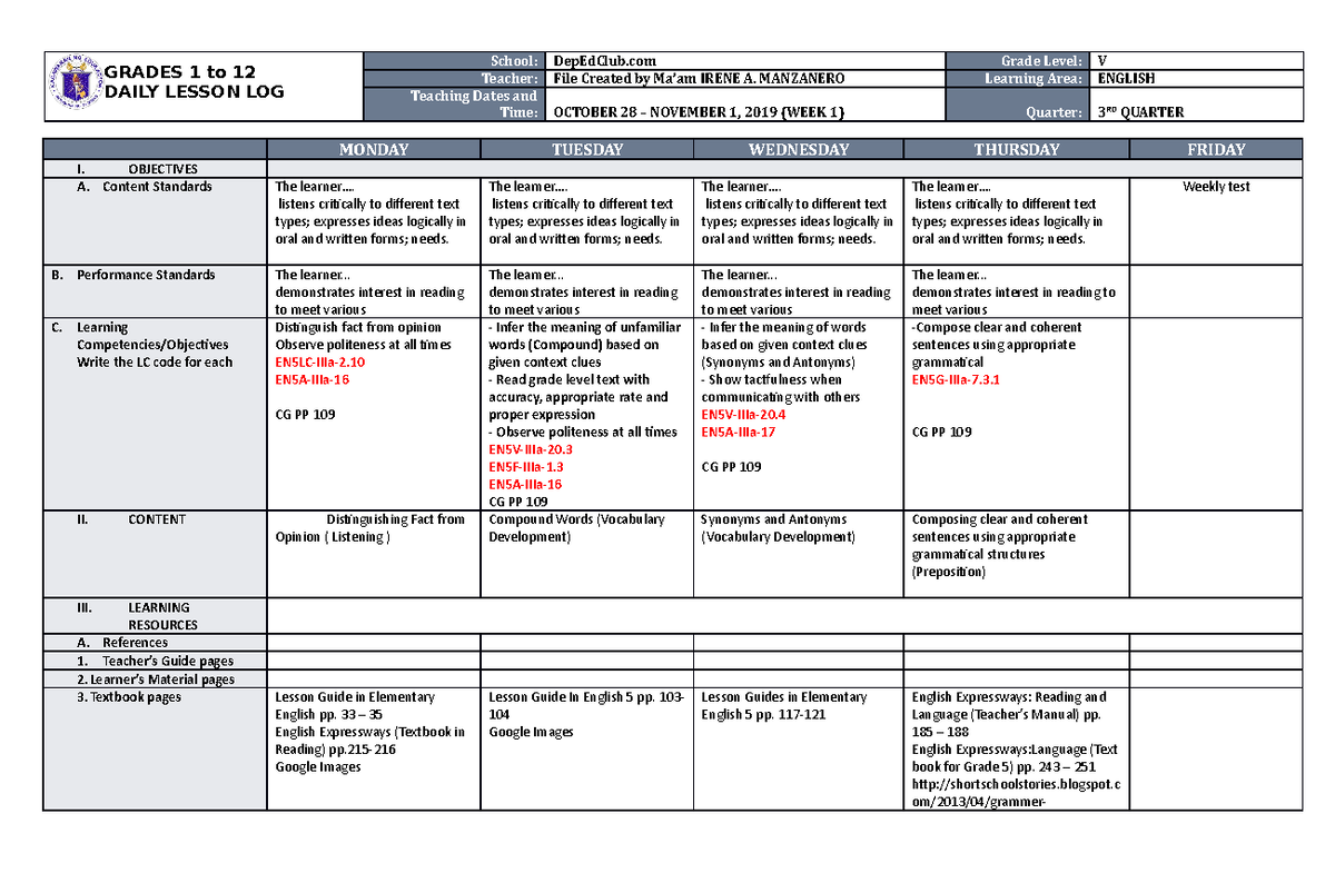 Dll English 5 Q3 W1 Use It Grades 1 To 12 Daily Lesson Log School Depedclub Grade Level V 1916