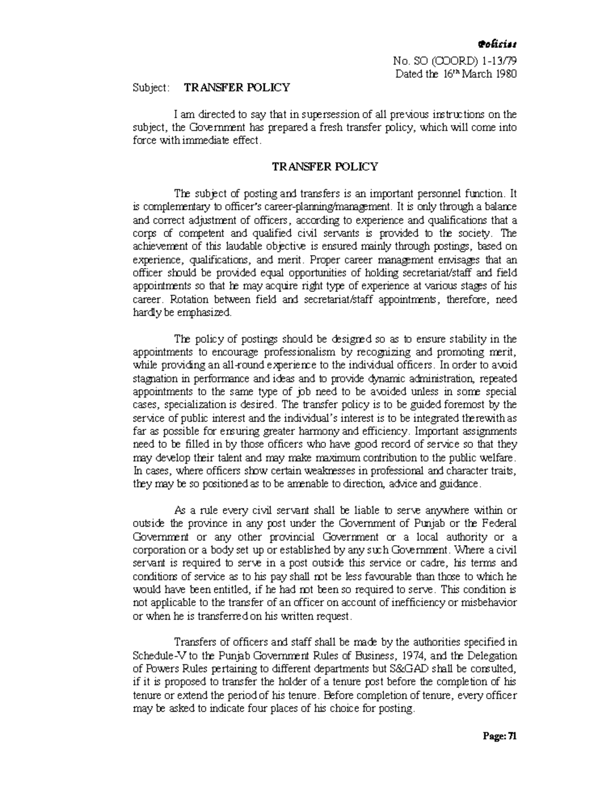 Transfer Policy - P o l i c i e s Page: No. SO (COORD) 1-13/ Dated the ...