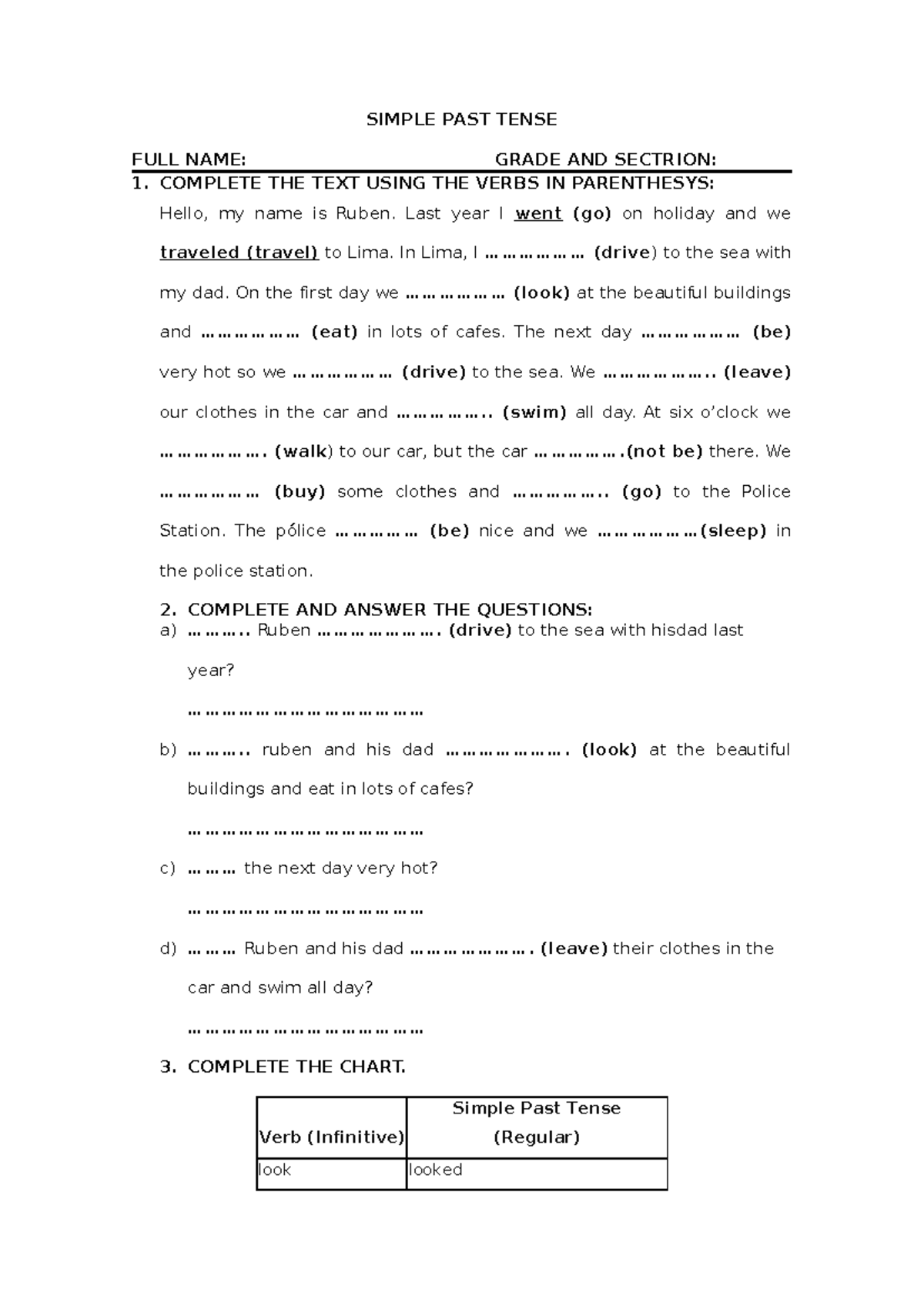 Practica Simple PAST Tense 3ero - SIMPLE PAST TENSE FULL NAME: GRADE ...