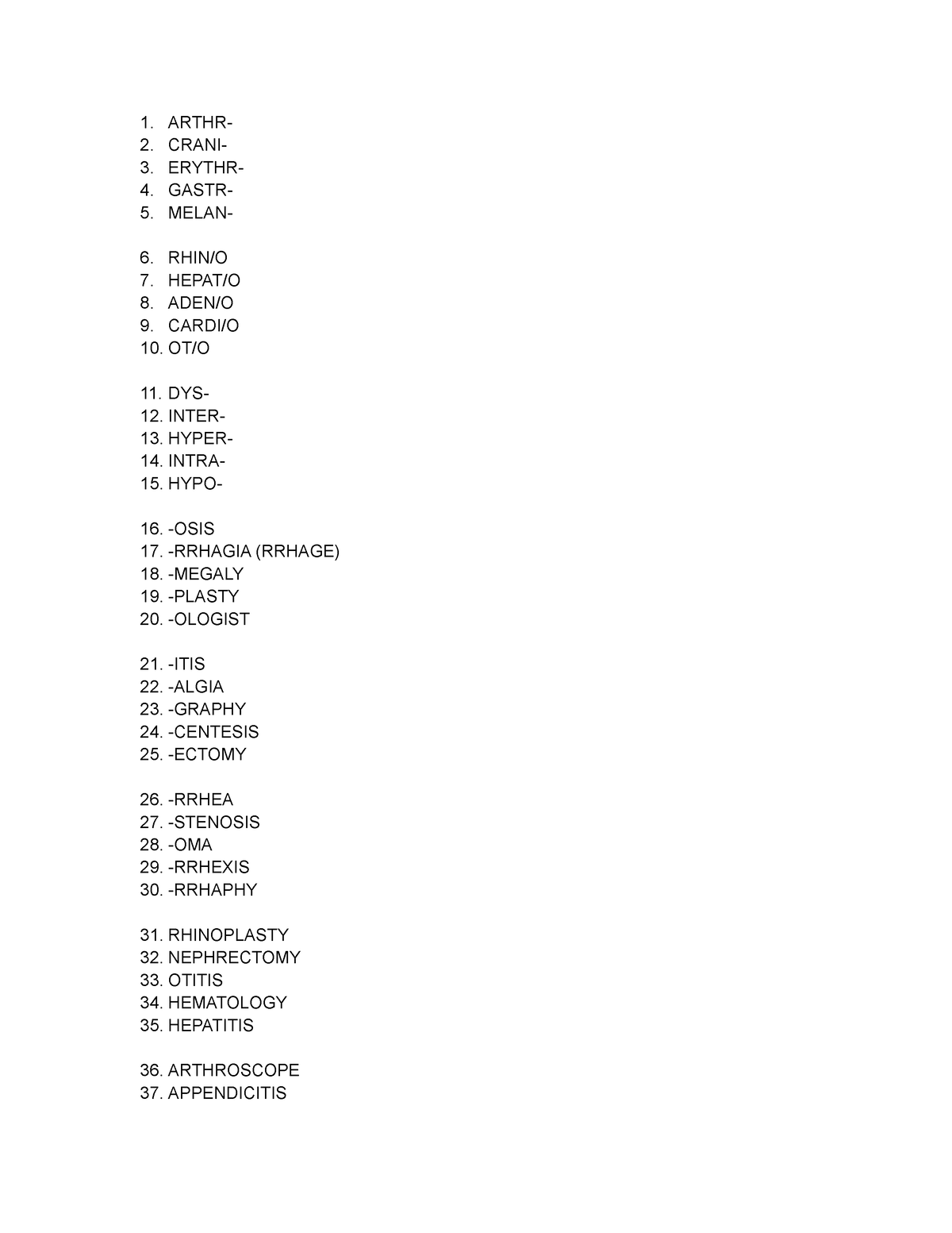 Unit 1 and Unit 2 Word part Review and Practice - 1. ARTHR- 2. CRANI- 3 ...