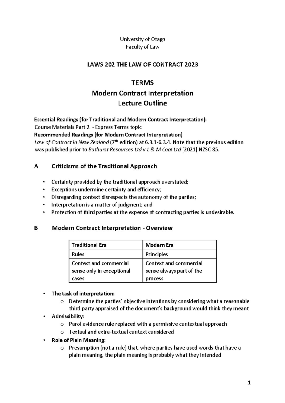 Terms Modern Contract Interpretation outline 2023 University of Otago Faculty of Law LAWS Terms Modern Contract Interpretation outline 2023 University of Otago Faculty of Law LAWS