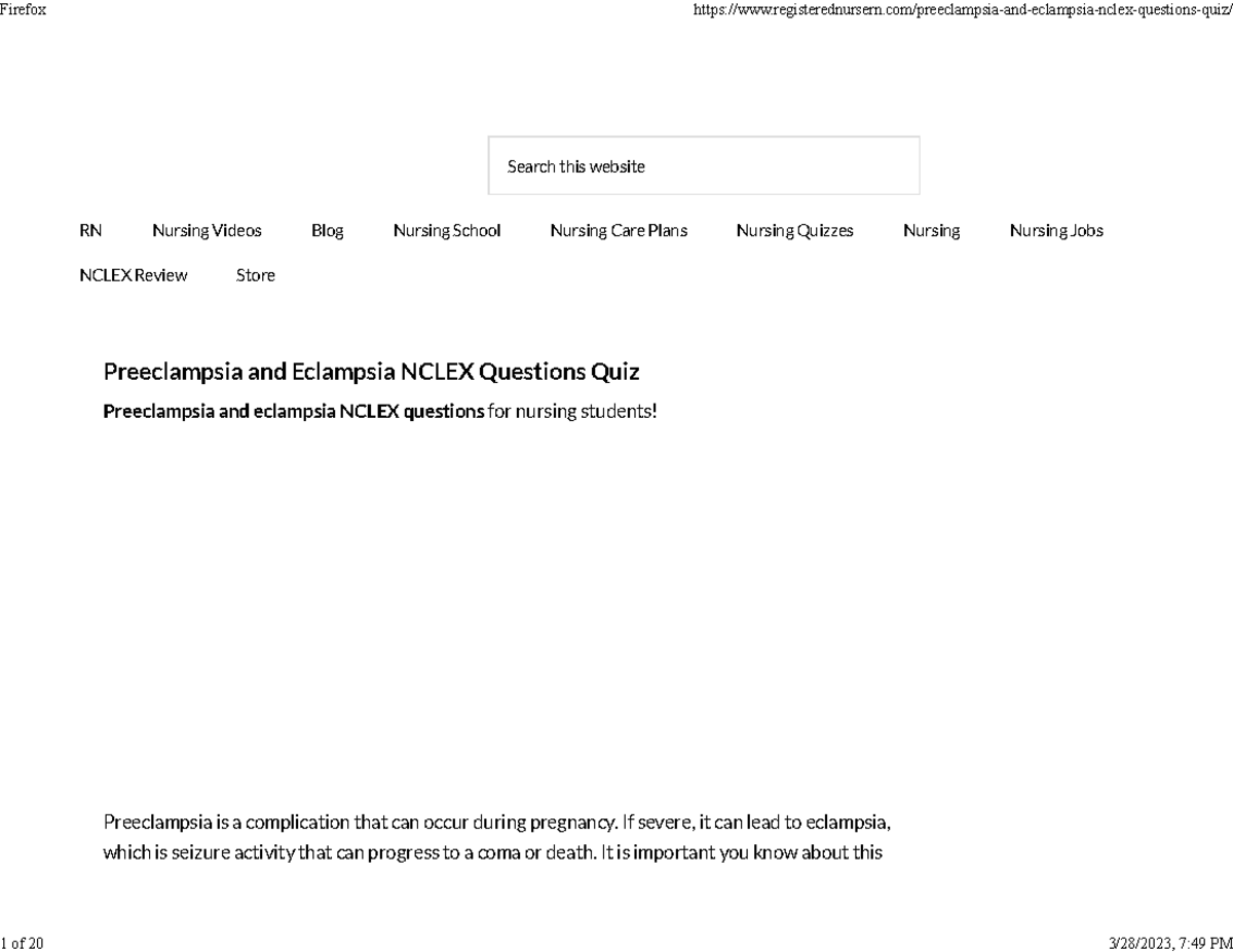 Preeclampsia and Eclampsia Nclex Questions Quiz Search this website