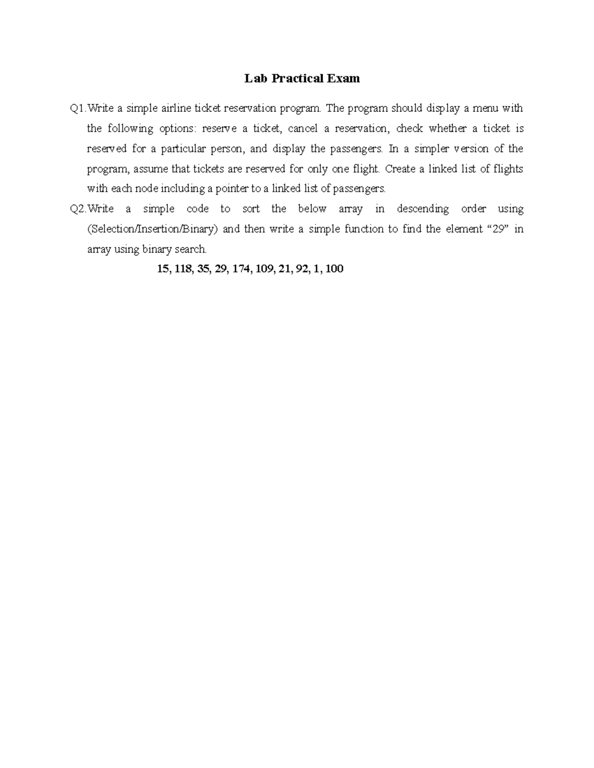 Lab Practical Exam - Data structure - Lab Practical Exam Q1 a simple ...