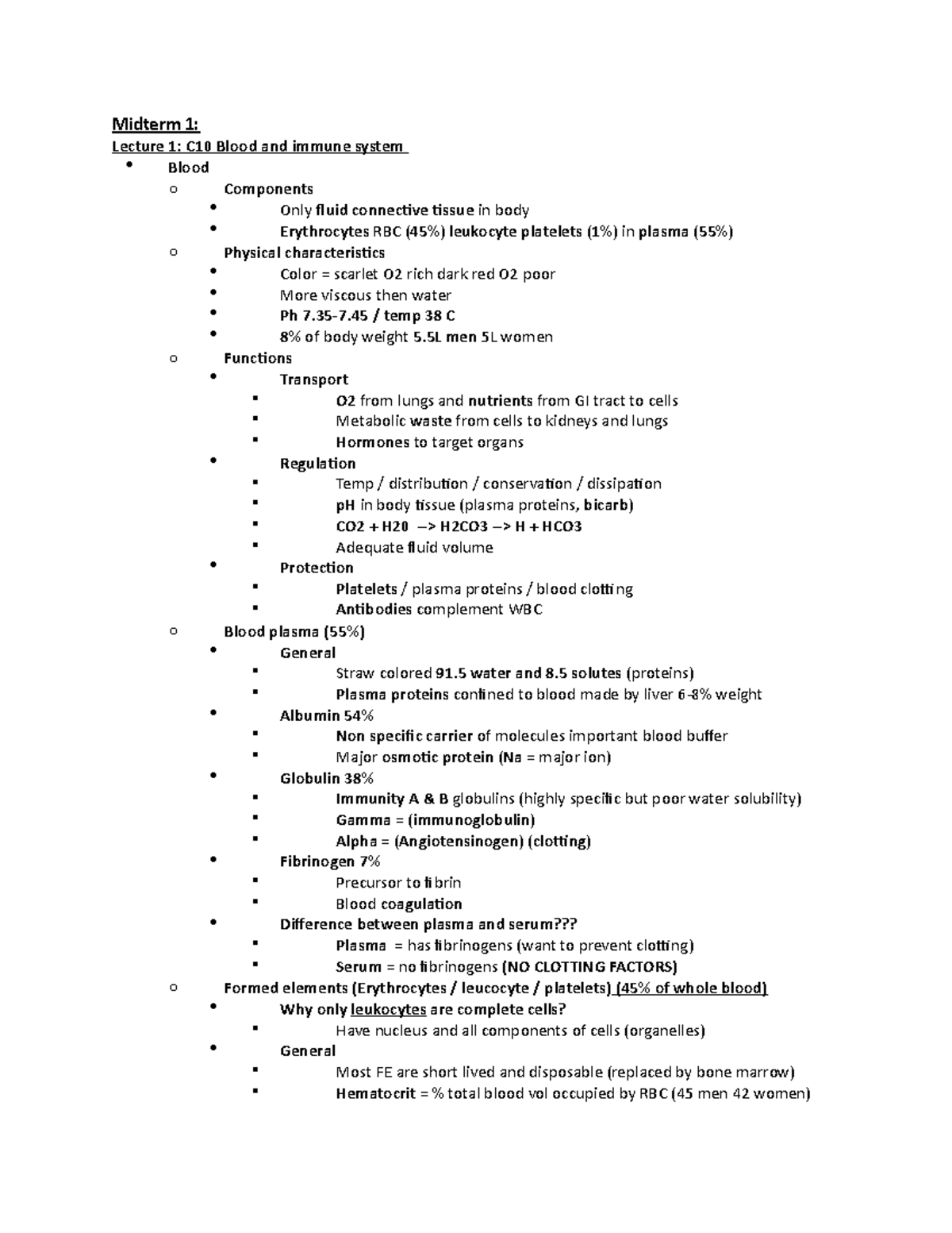 All physio 2 notes - Midterm 1: Lecture 1: C10 Blood and immune system ...