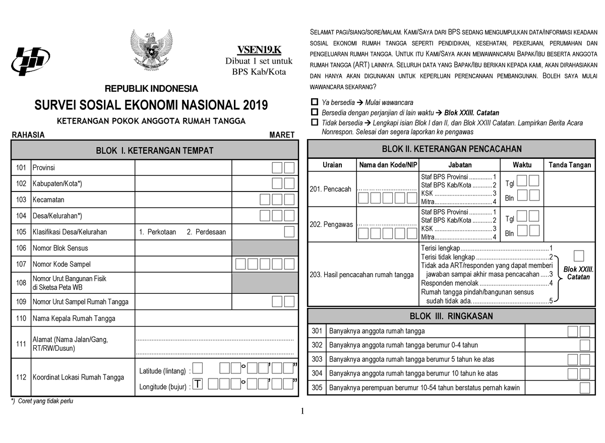 Kuesioner Susenas Kor Maret 2019 - REPUBLIK INDONESIA SURVEI SOSIAL ...