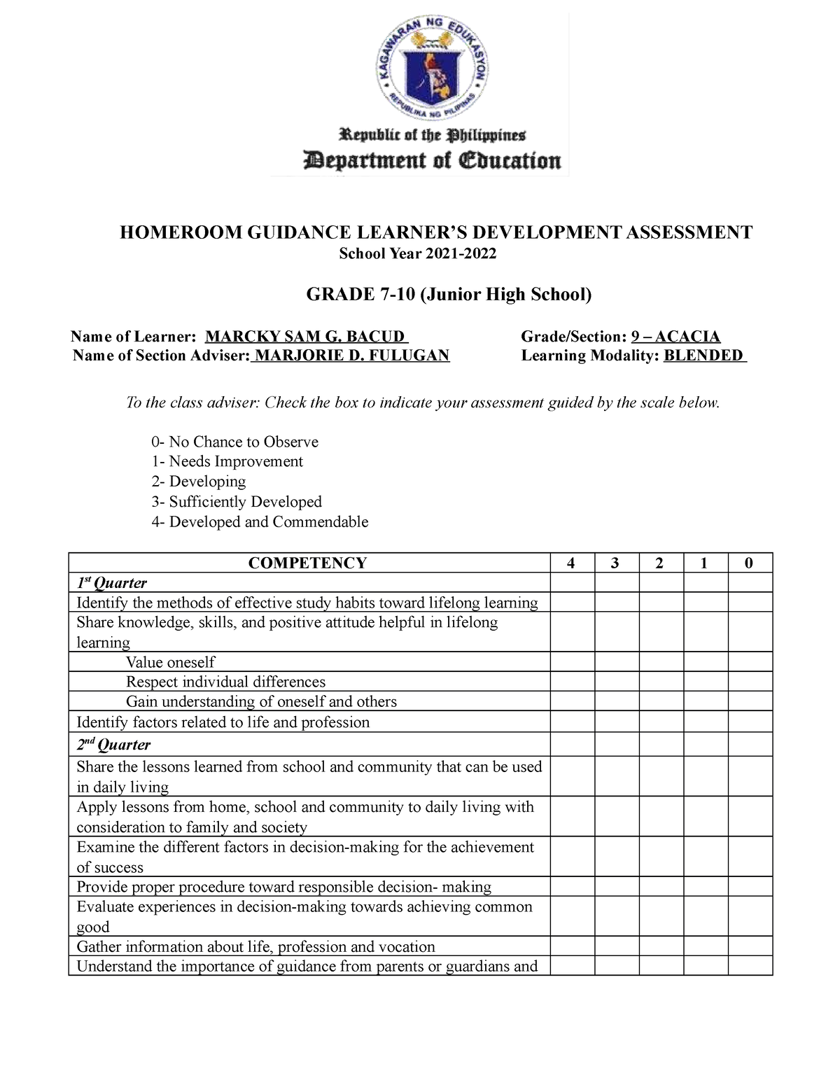 Deped Senior High School Homeroom Guidance Learner S Development Kindergarten Assessment Vrogue 9070
