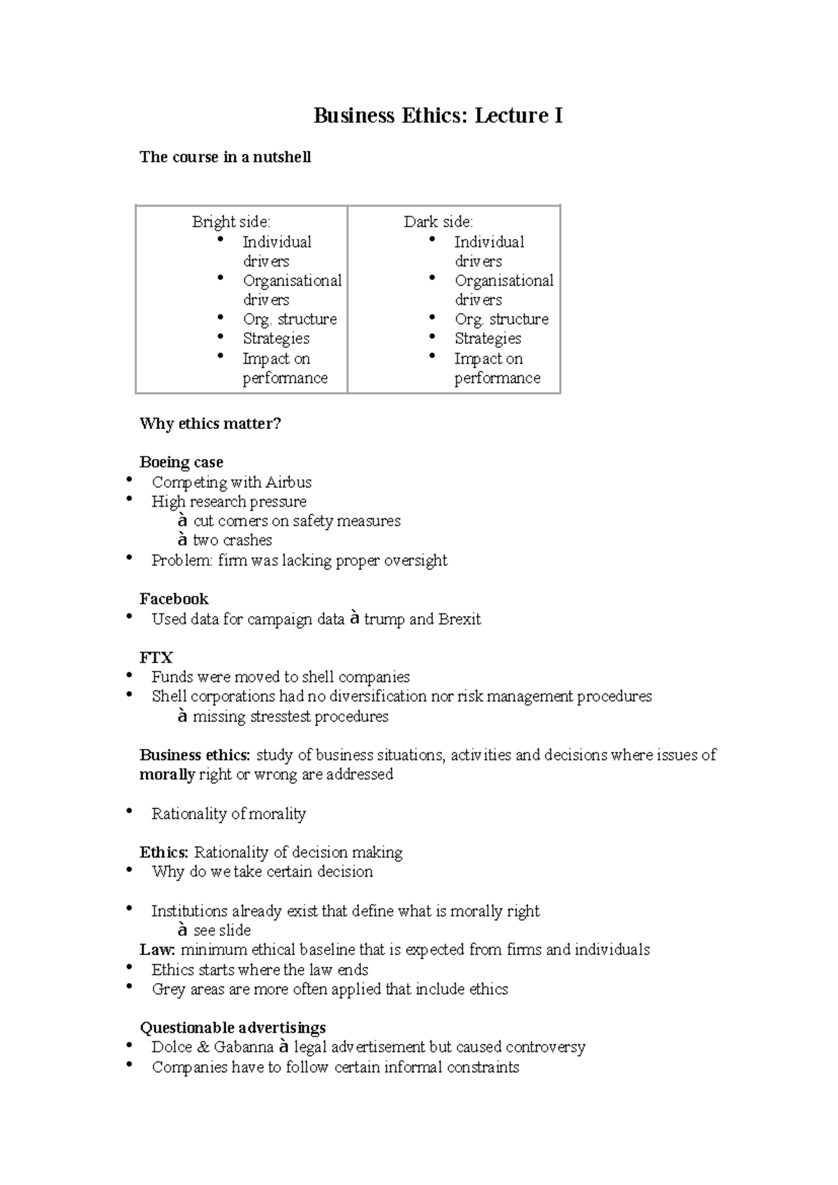 Business Ethics - Lecture 1 notes - Business Ethics: Lecture I The ...