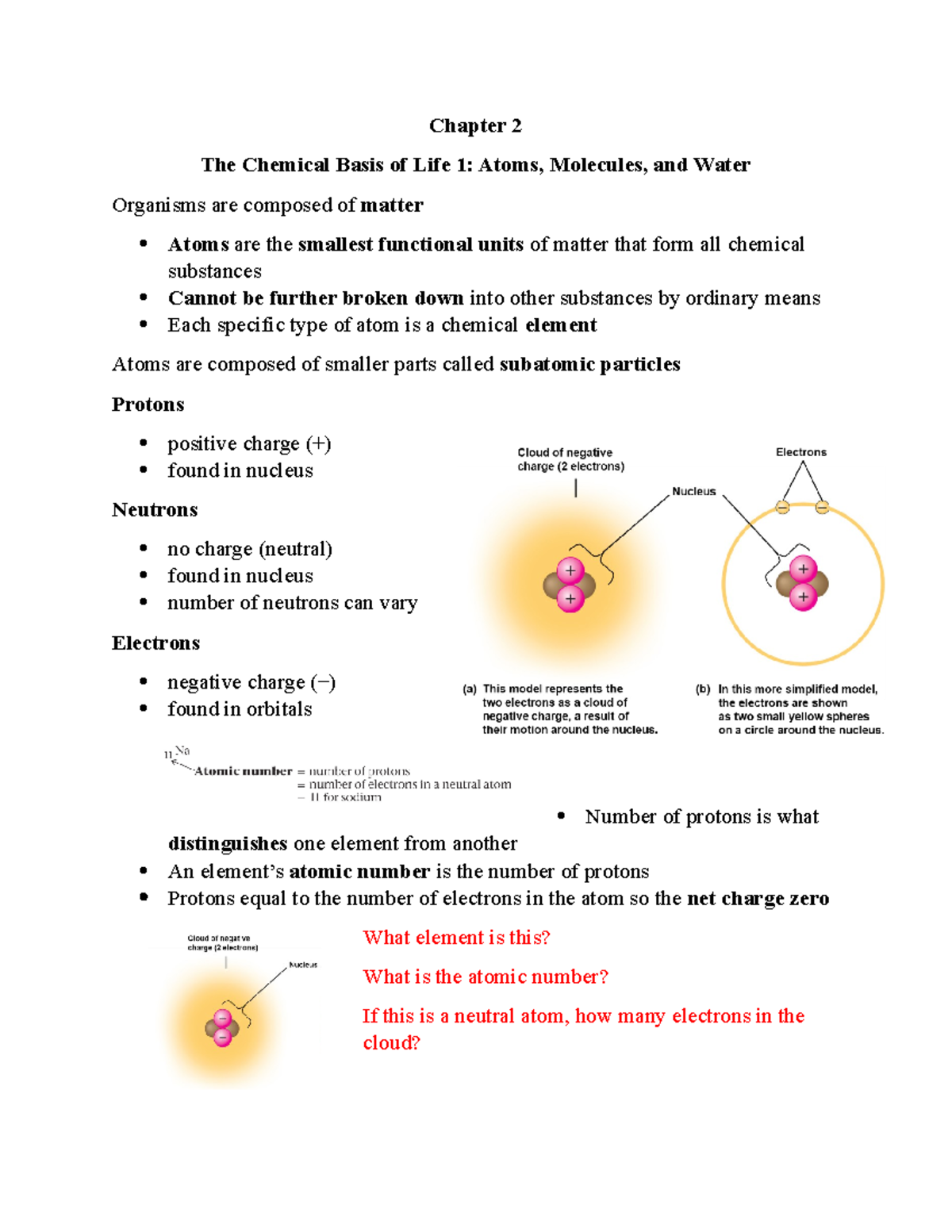 Ch2 Bio - Bio Notes - Chapter 2 The Chemical Basis Of Life 1: Atoms ...