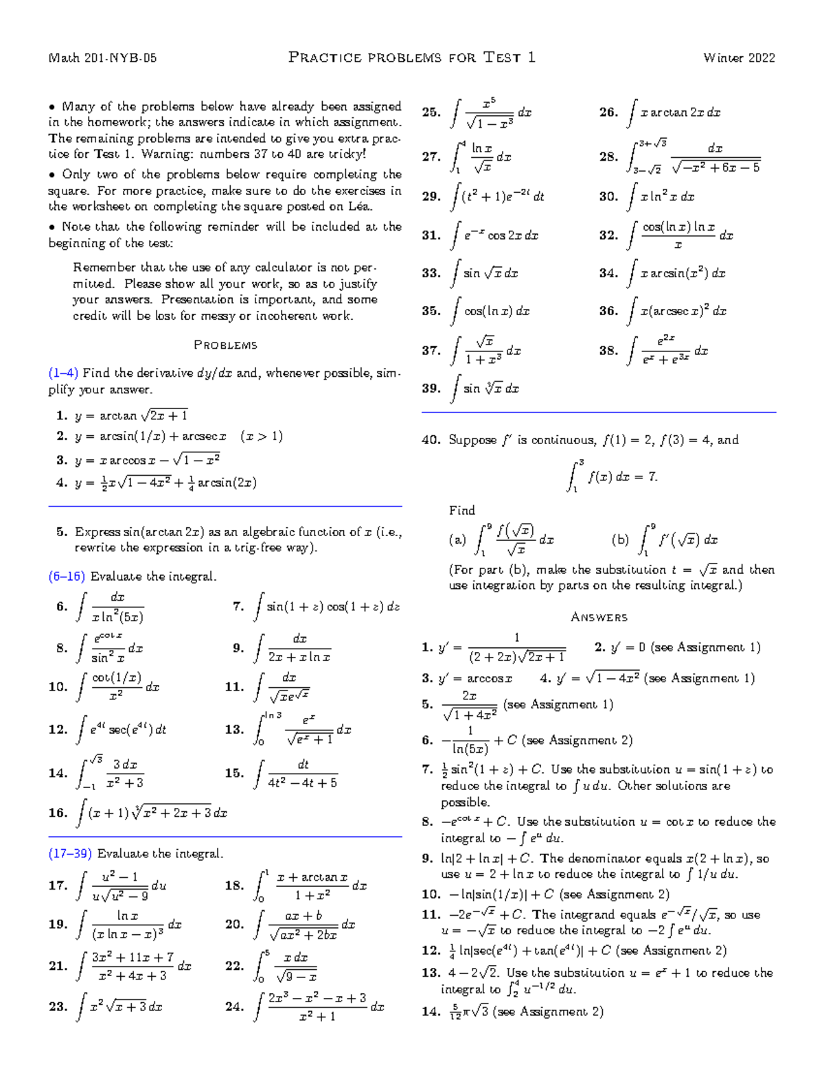 Test1practice - Practice - Math 201-NYB-05 Practice problems for Test 1 ...