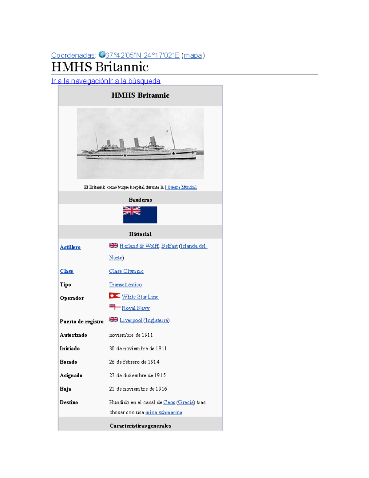HMHS Britannic - bibliografia - Coordenadas: 37°42′05′′N 24°17′02′′E ...