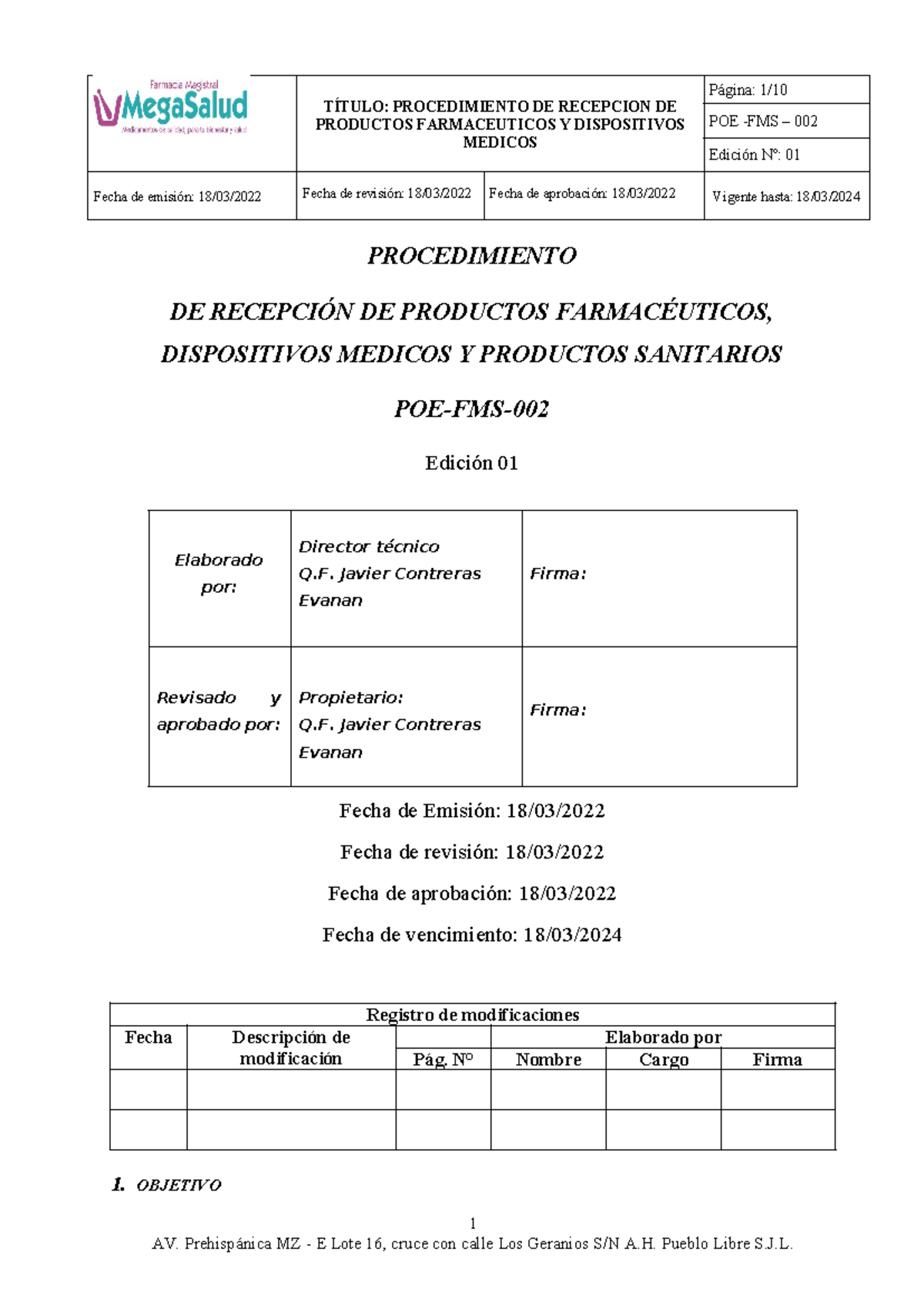 POE FMS 002 Recepcion - Procedimiento Operativo Estandarizado - TÍTULO ...