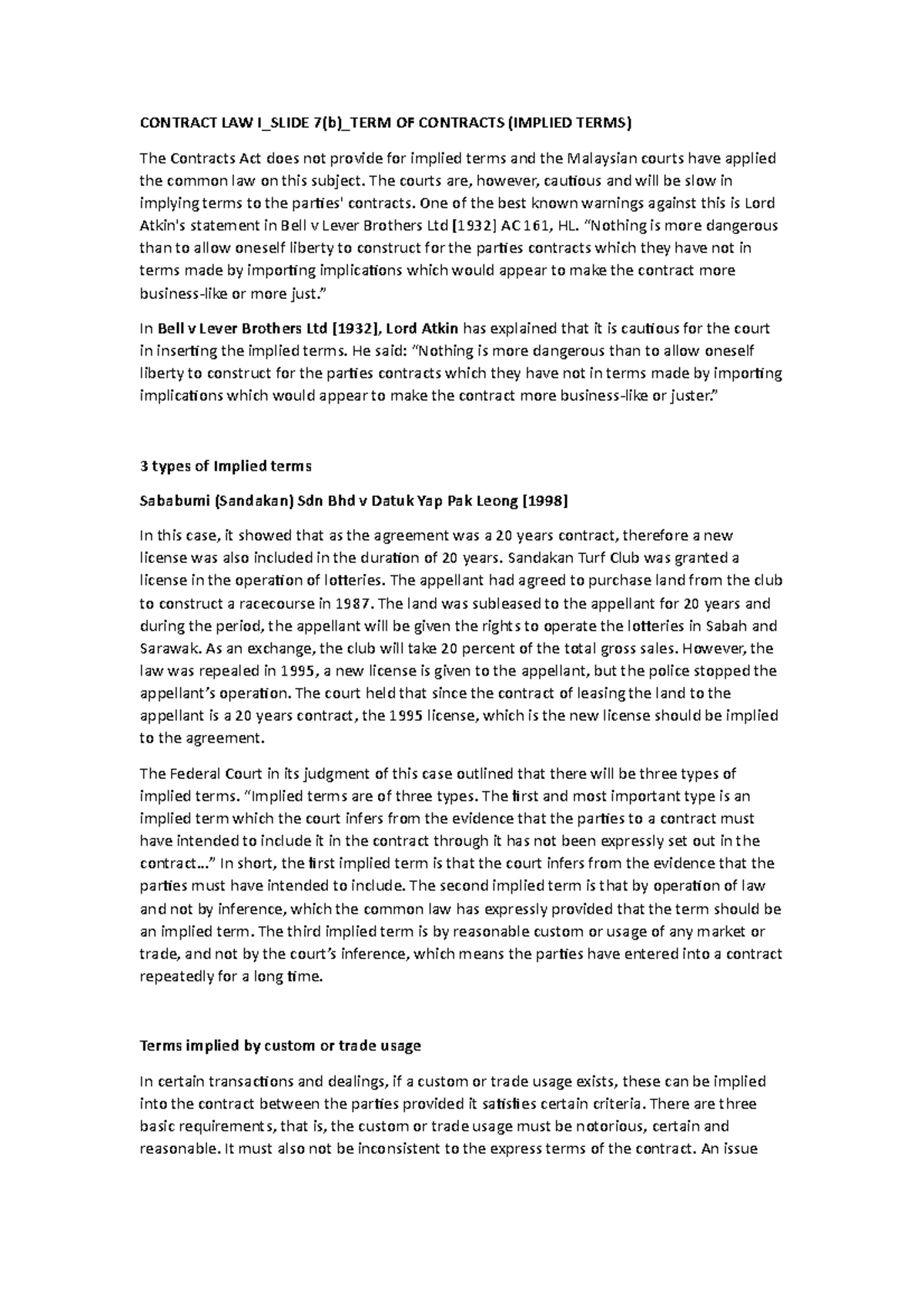 Contract Law I Slide 7 B Term Of Contracts Implied Terms Contract