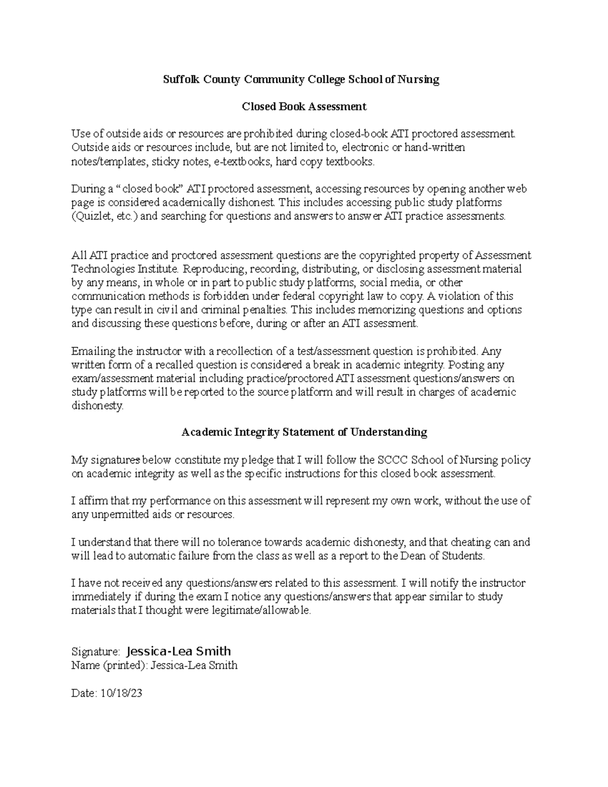 ATI Assessment Closed Book Statement 2 Suffolk County Community